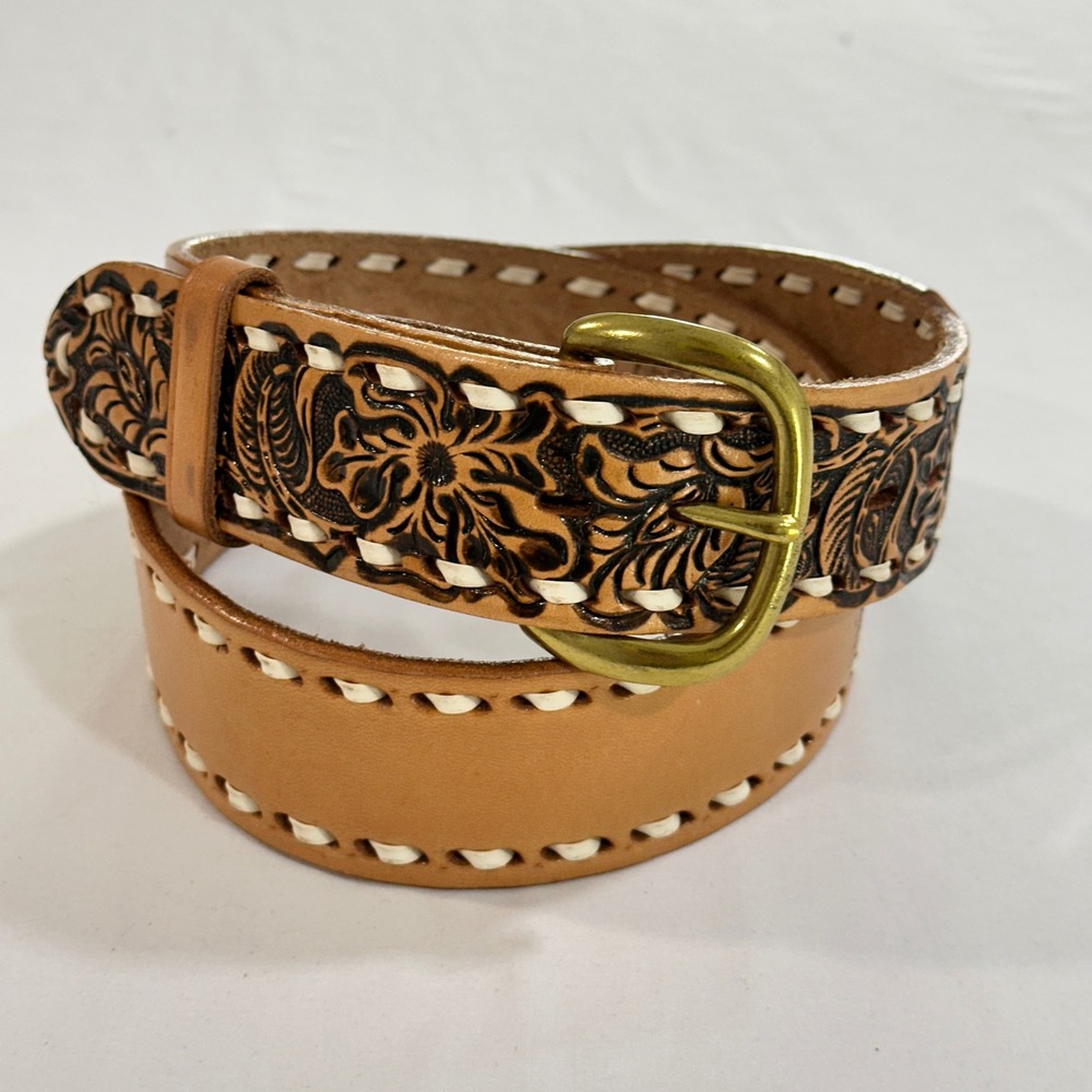 Justin Leather Belt 34 Tan Tooled Floral Whipstitch Western Cowhide Unisex Brass